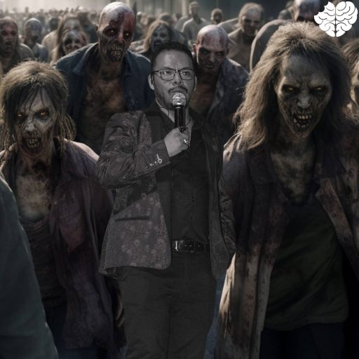 Jhoan Miranda con un micrófono y rodeado de zombis